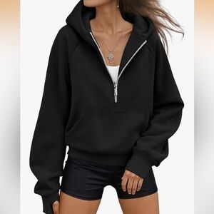 Quarter Zip Black Cotton Hoodie